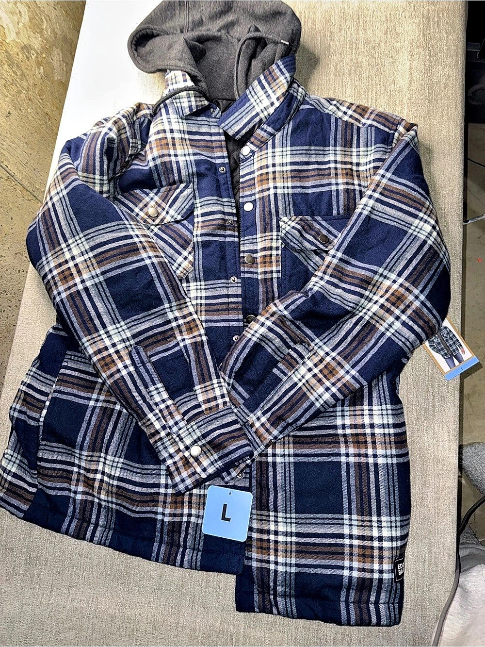 Eddie Bauer Hooded Plaid Shirt Jacket Blue Brown Men’s L NWT